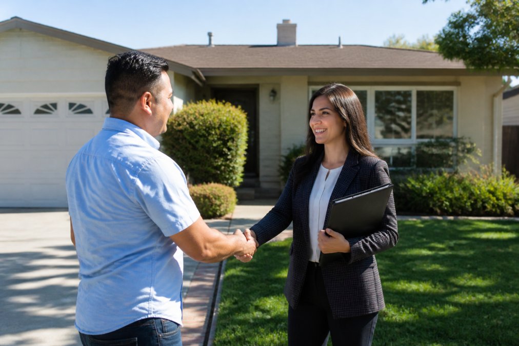 A homeowner in a light blue shirt shaking hands with a real estate agent in a blazer outside a single-story house with a for-sale sign in the front yard on a sunny afternoon