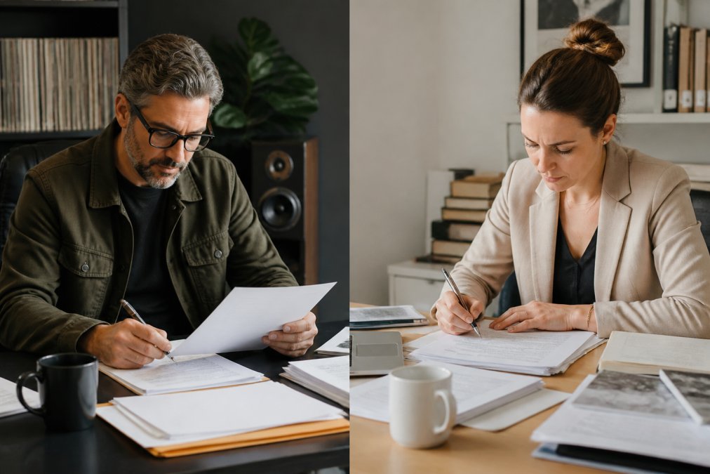 Music industry professional sitting at a desk in a modern office, carefully reviewing artist contracts and materials with a pen in hand, with coffee and industry documents spread across the workspace, representing due diligence and professional vetting