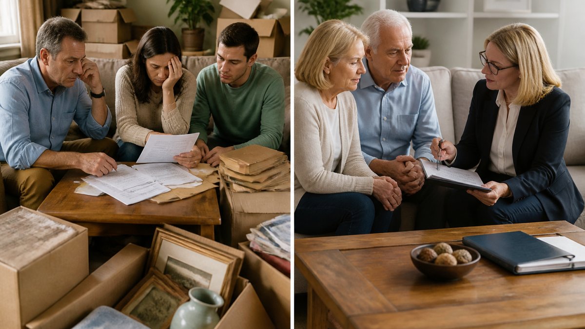 Family members looking overwhelmed while sorting belongings with an estate transition consultant in a living room.