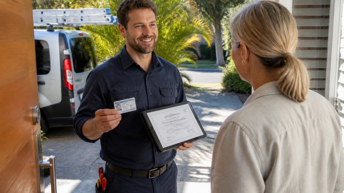 A licensed electrician in navy workwear showing a licence card and printed insurance certificate on a tablet to a homeowner at the front door of a Queensland home, morning light, friendly and professional