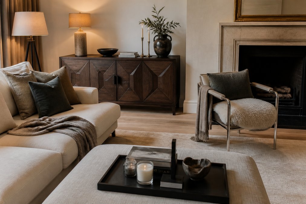 A renovated living room with a cream modular sofa against a pale wall, a dark oak sideboard with geometric panelling, and a silver-framed accent chair beside a fireplace, styled with warm lamplight and layered throws
