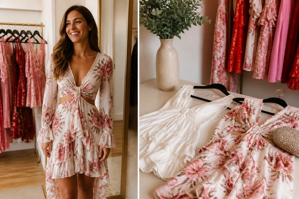 A woman in an elegant designer gown smiling in a boutique fitting room, surrounded by hanging dresses on a rack, warm natural lighting