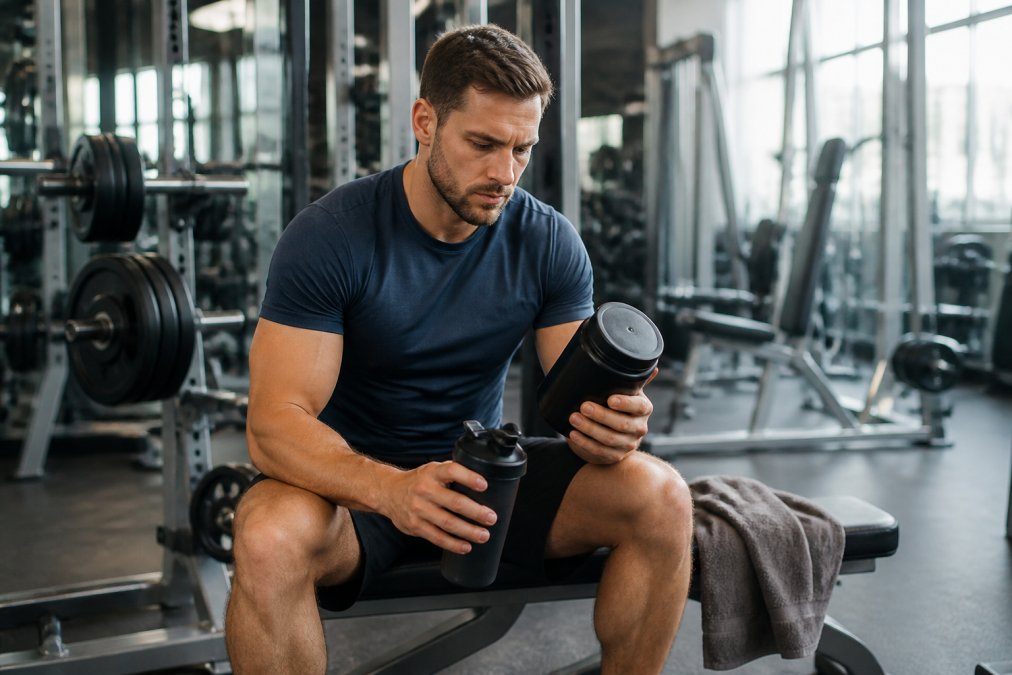 A fit athlete in their 30s sitting on a gym bench after a heavy leg workout, holding a shaker cup and looking at a supplement label, with weights and a towel nearby in a bright modern gym