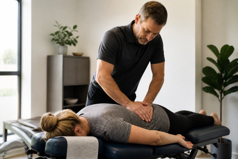 Chiropractor performing a gentle spinal adjustment on a patient lying face-down on a padded treatment table, with hands positioned on the mid-back in a modern clinical setting with soft natural lighting