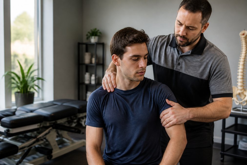 Athlete receiving chiropractic treatment for shoulder injury, with chiropractor examining and adjusting the shoulder area while patient sits upright in modern clinical setting
