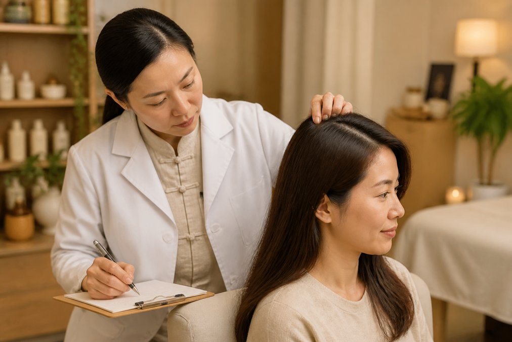 Certified trichologist performing a holistic hair treatment consultation for a client in a professional clinic