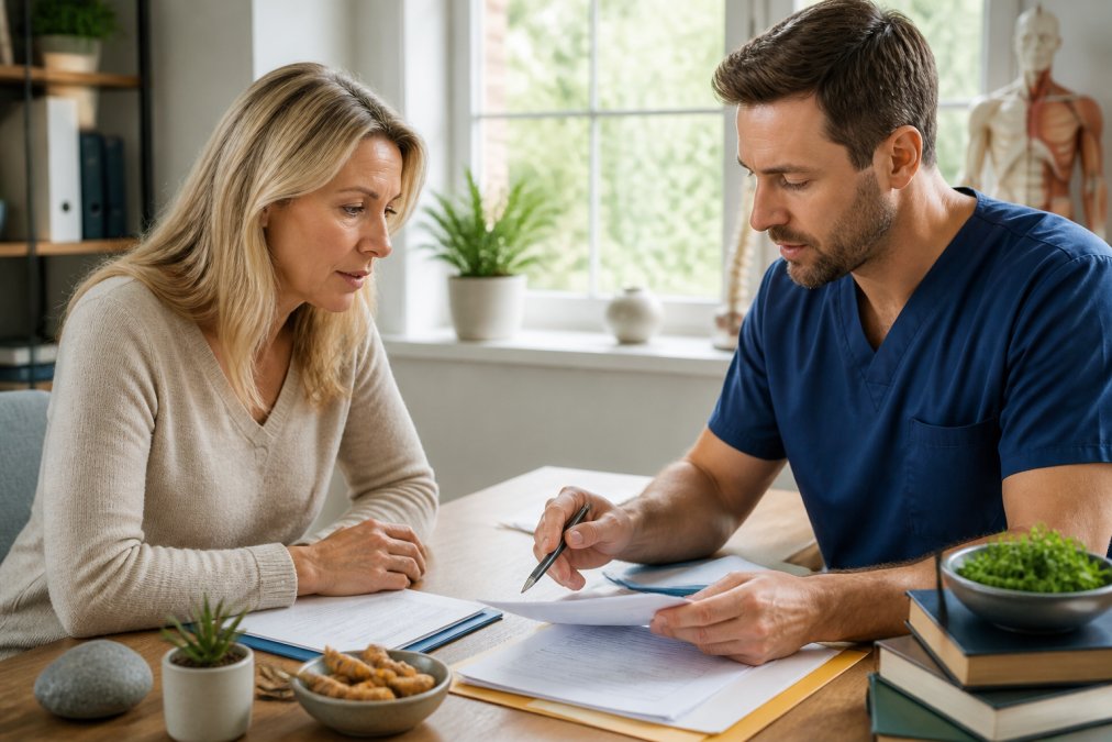 Healthcare practitioner consulting with patient in modern clinical setting, reviewing health records and diagnostic information together on desk with natural window lighting