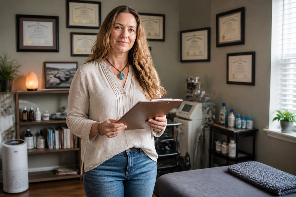 Professional holistic medicine practitioner in clinical environment with diplomas, certifications, and health credentials visible on wall, modern treatment room with wellness equipment