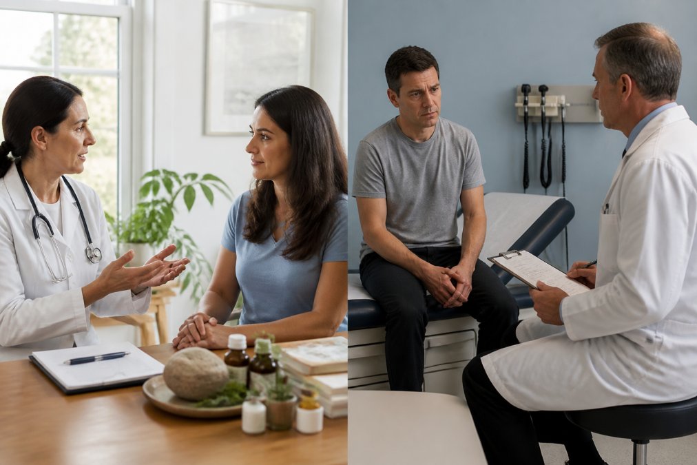 Patient sitting with a healthcare provider in a warm, welcoming consultation room, discussing treatment options with visible notes and wellness materials on the desk
