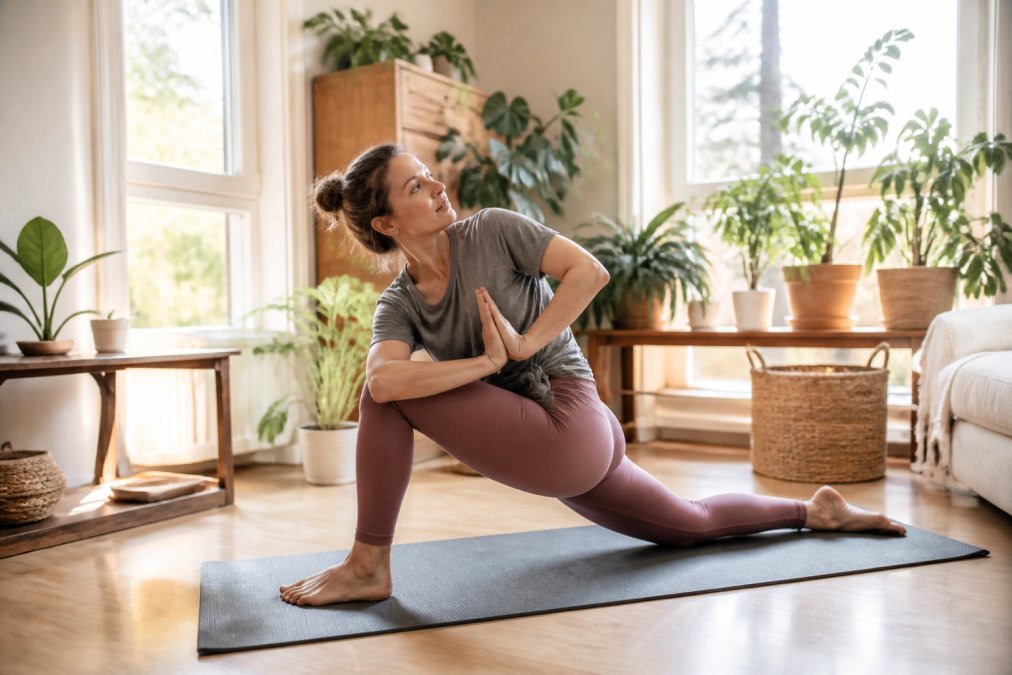 Person practicing gentle yoga in a sunlit room as part of a holistic pain management routine.