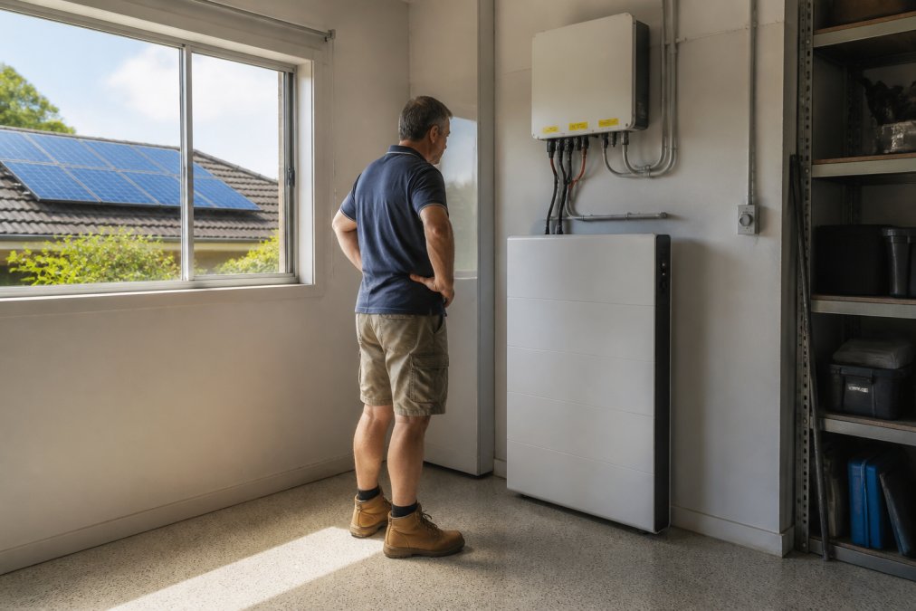 Homeowner checking a battery storage unit mounted in a garage or laundry, with solar panels visible through a nearby window, natural daylight streaming in
