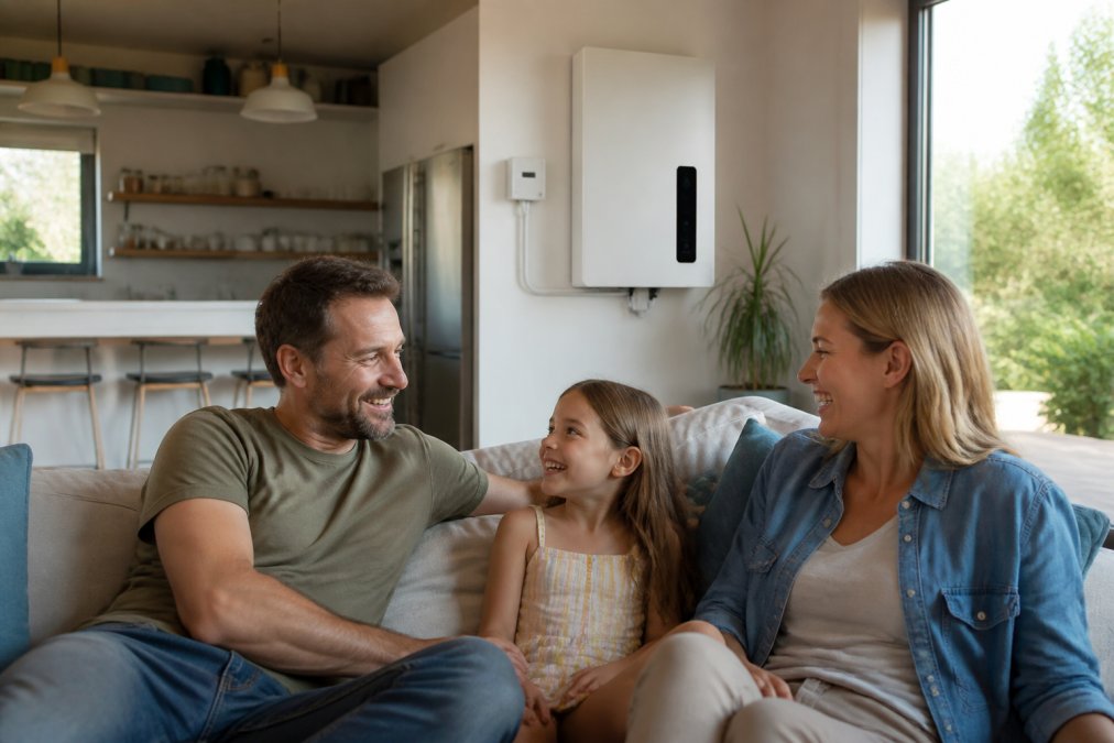 Family in a well-lit home during daytime, with battery storage system visible in background, suggesting reliable backup power and energy independence