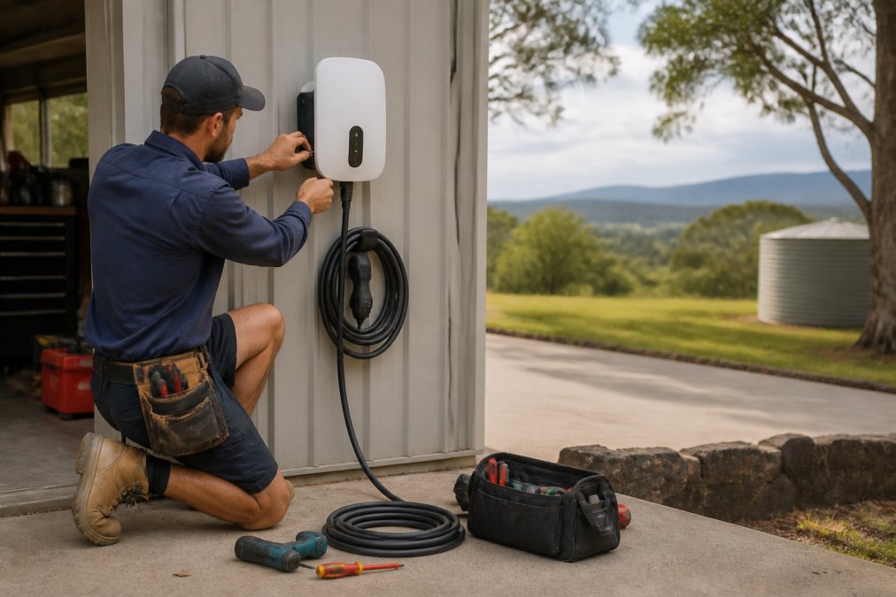 Licensed electrician installing a white home EV charger on a garage wall at a rural property
