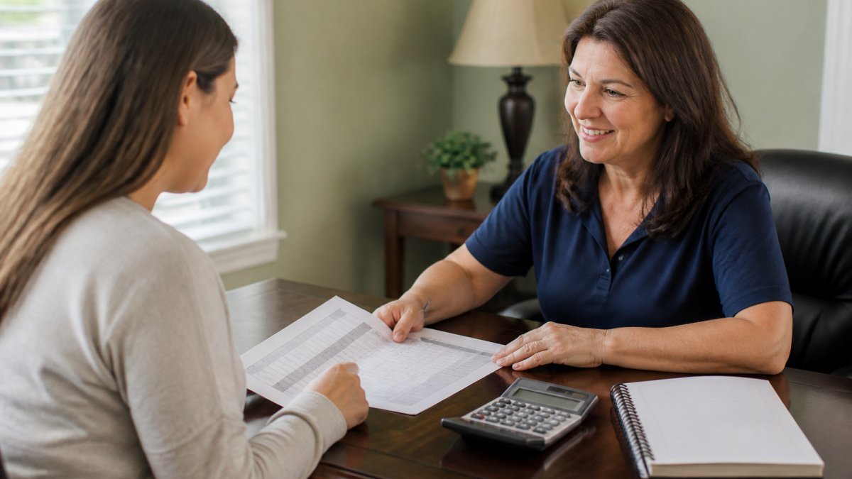 Adult child meeting with a home care coordinator at a desk, reviewing documents and discussing pricing details with a warm, professional demeanor