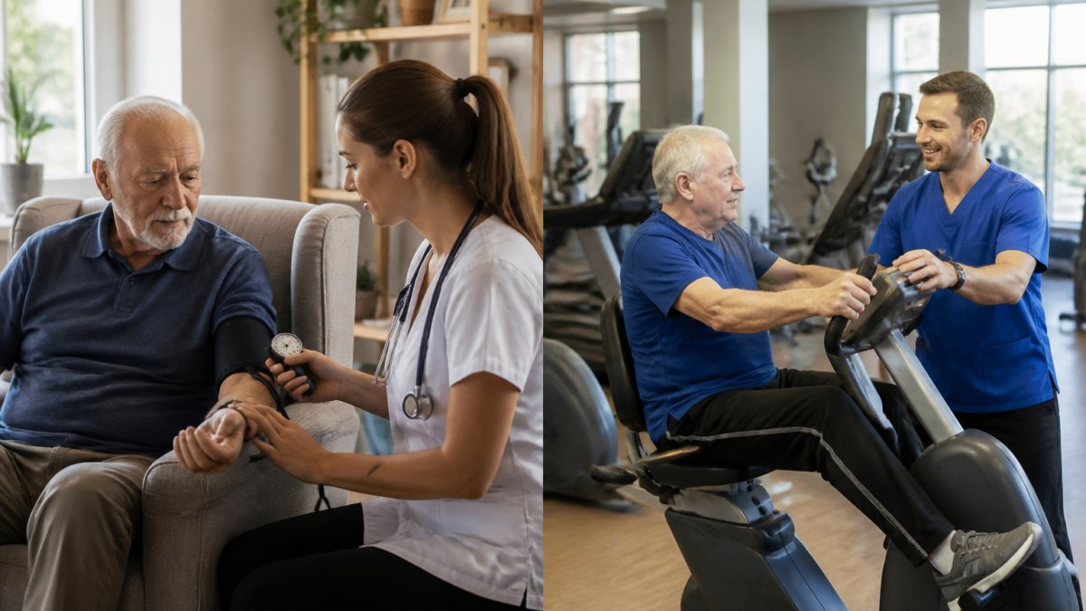 Home health nurse checking blood pressure and heart rate of older male patient seated in comfortable living room armchair, natural daylight from window