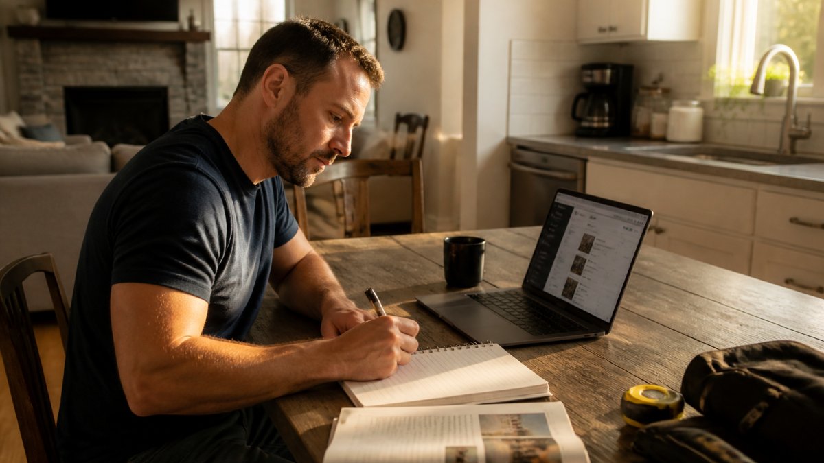 A mid-30s man studying at a kitchen table with a laptop showing an online course, a notebook, and a coffee mug, looking focused and relaxed in a home setting