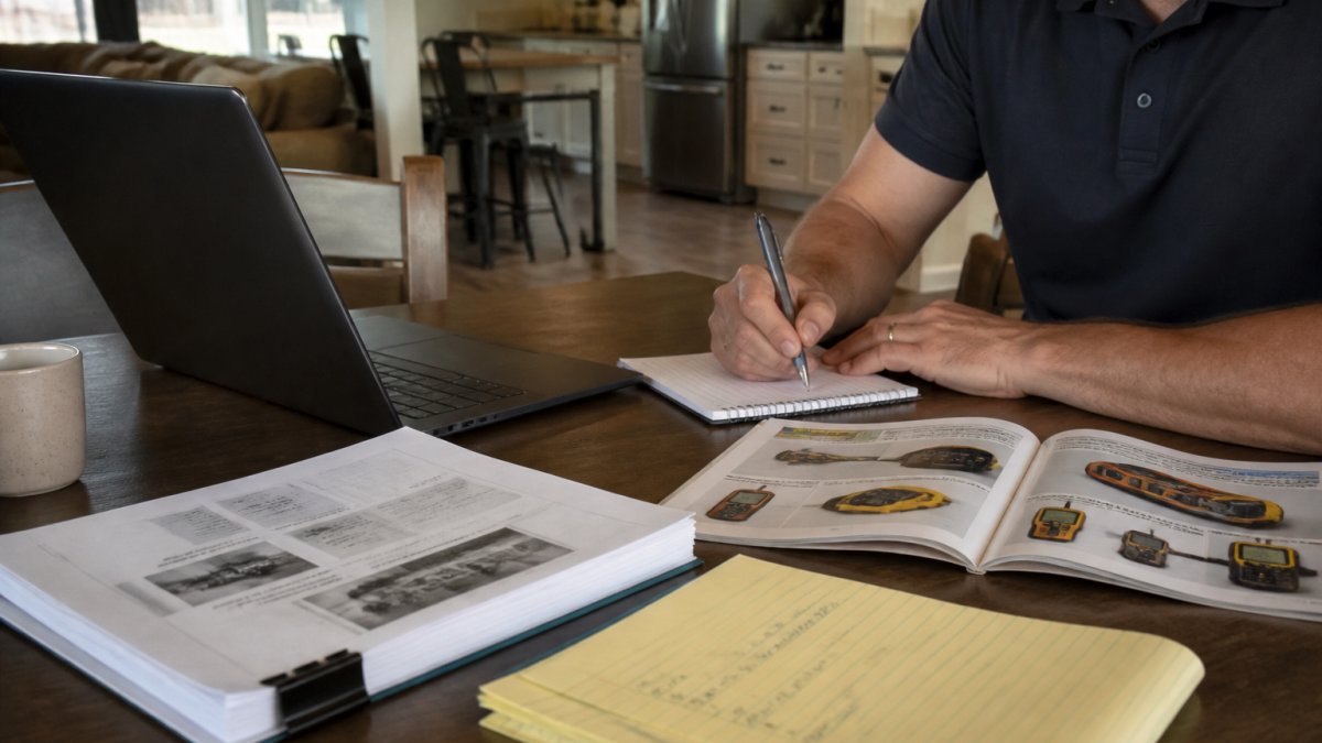 Career-changer at desk reviewing inspection training materials, laptop open to exam prep, surrounded by business startup notes and inspection tool catalogs
