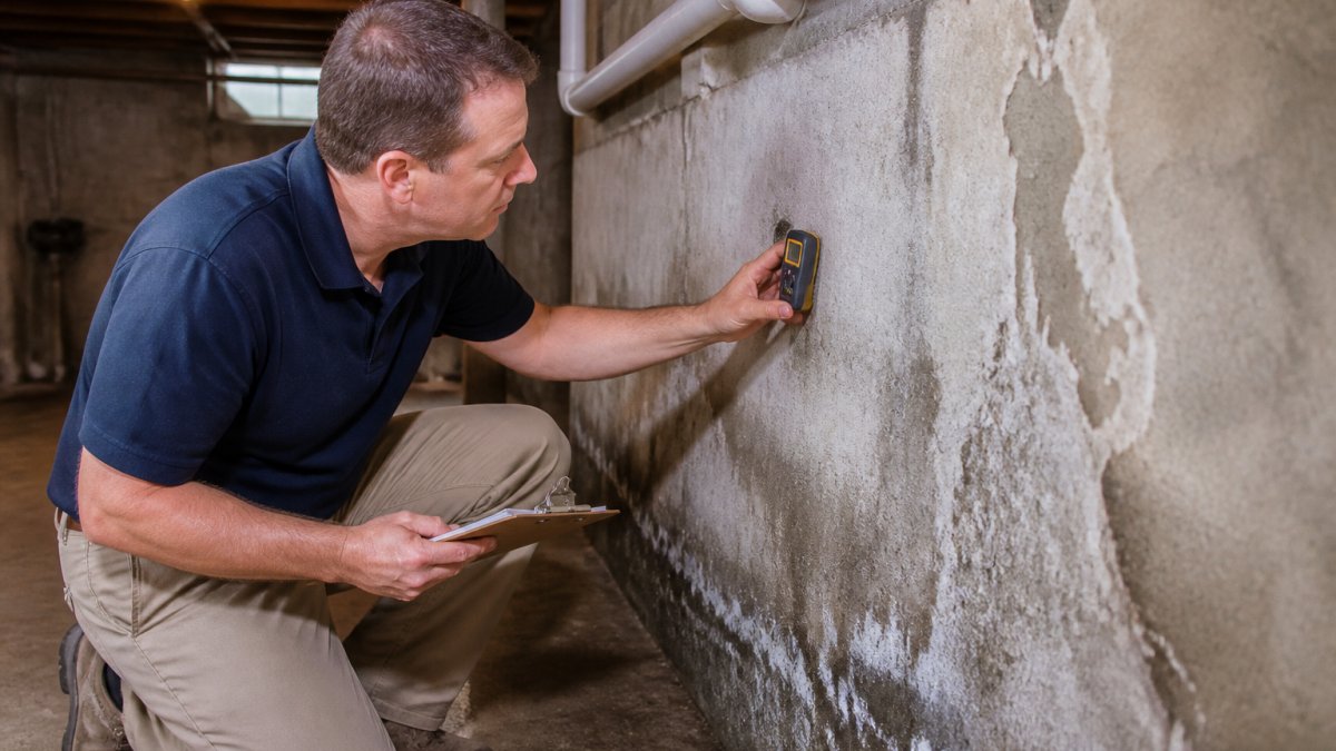 Professional home inspector examining basement wall with moisture meter and clipboard, checking for water damage in dim basement lighting