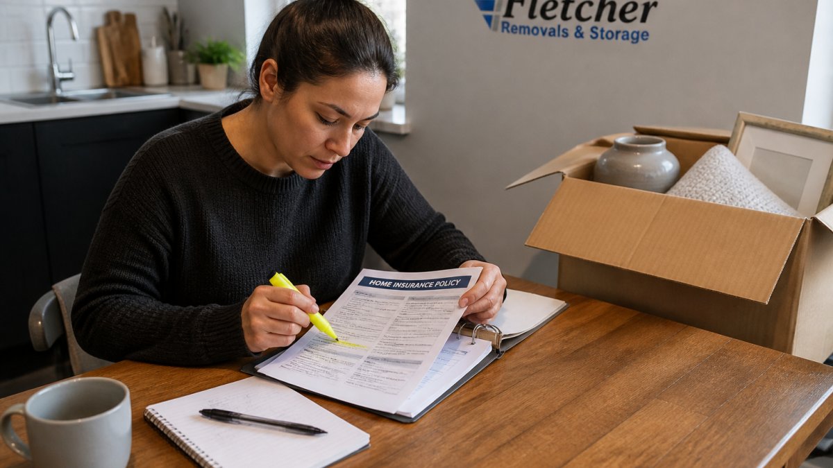 A person sitting at a kitchen table with a home insurance policy document, a pen and a notebook, highlighting clauses while a cardboard box of belongings sits nearby
