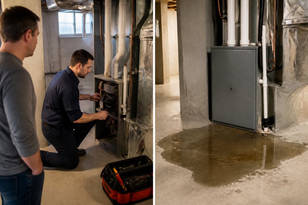 Professional technician in uniform examining HVAC system components during scheduled maintenance visit with homeowner observing, in residential basement with natural lighting