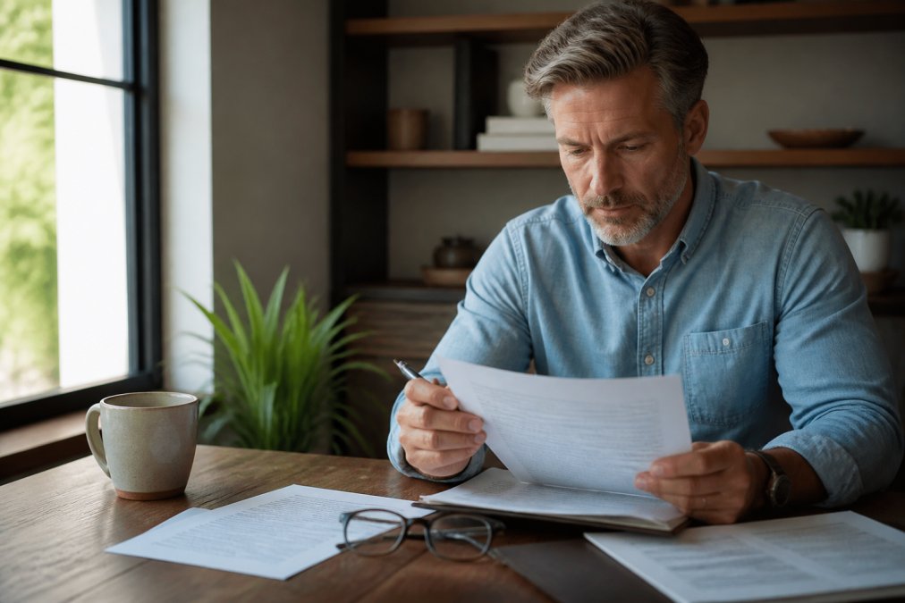 Professional reviewing contract document with pen in hand, sitting at desk with reading glasses and cup of coffee, natural window lighting