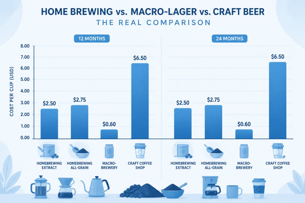 Bar chart comparing the average cost per cup of homebrewed beer, macro-lager, and craft coffee over two years.
