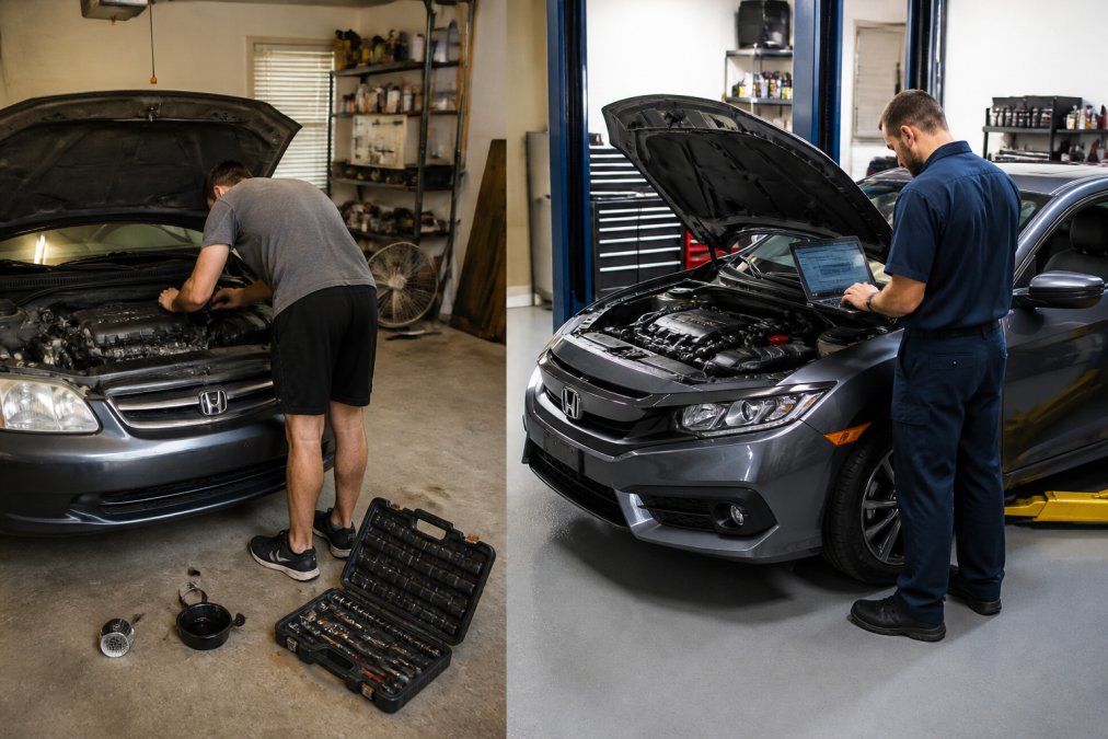 Professional technician using computerized diagnostic equipment on a Honda Civic engine in a well-equipped service bay with proper lighting and organized tool storage