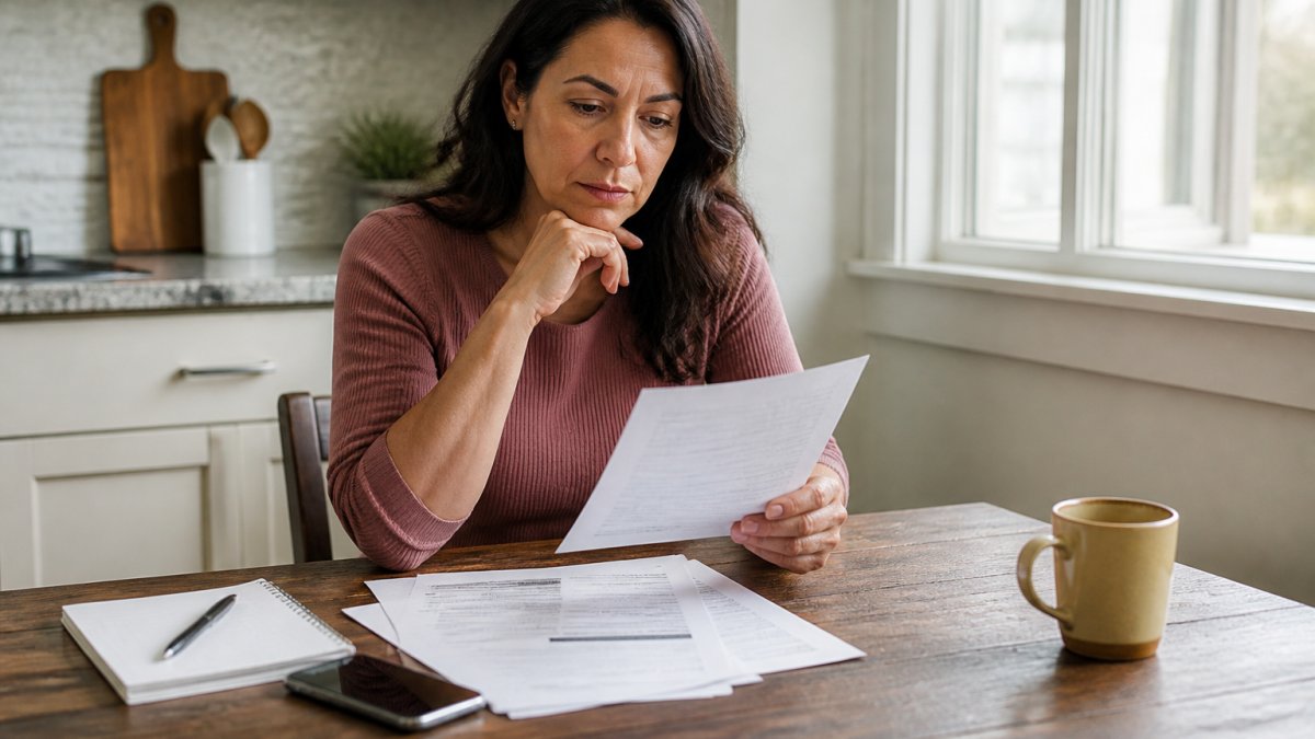 A person sitting at a kitchen table with a laptop, phone, and insurance paperwork, reviewing health plan documents with a notepad and pen nearby, soft morning light through a window
