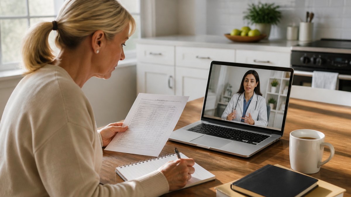 A woman reviews lab results during a virtual hormone optimization consultation with her doctor.