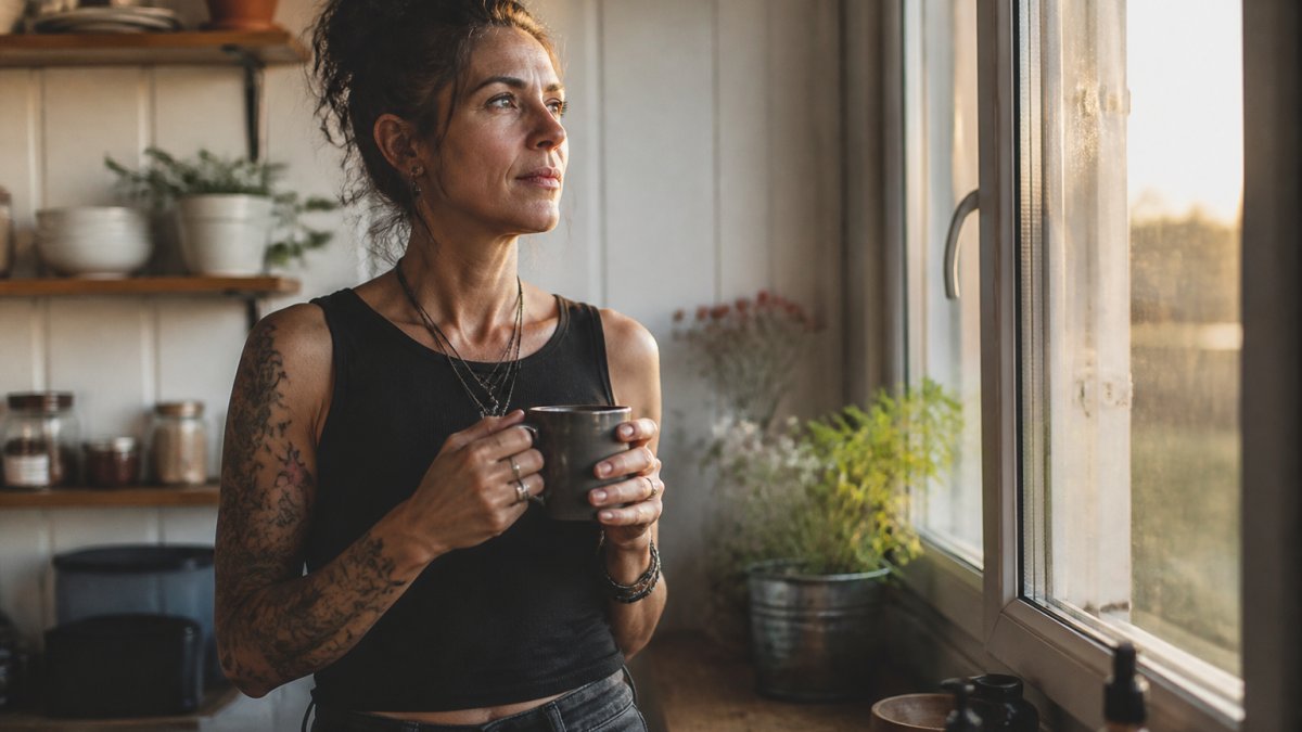 Woman in her forties holding a cup of tea while looking thoughtfully out of a window at home.