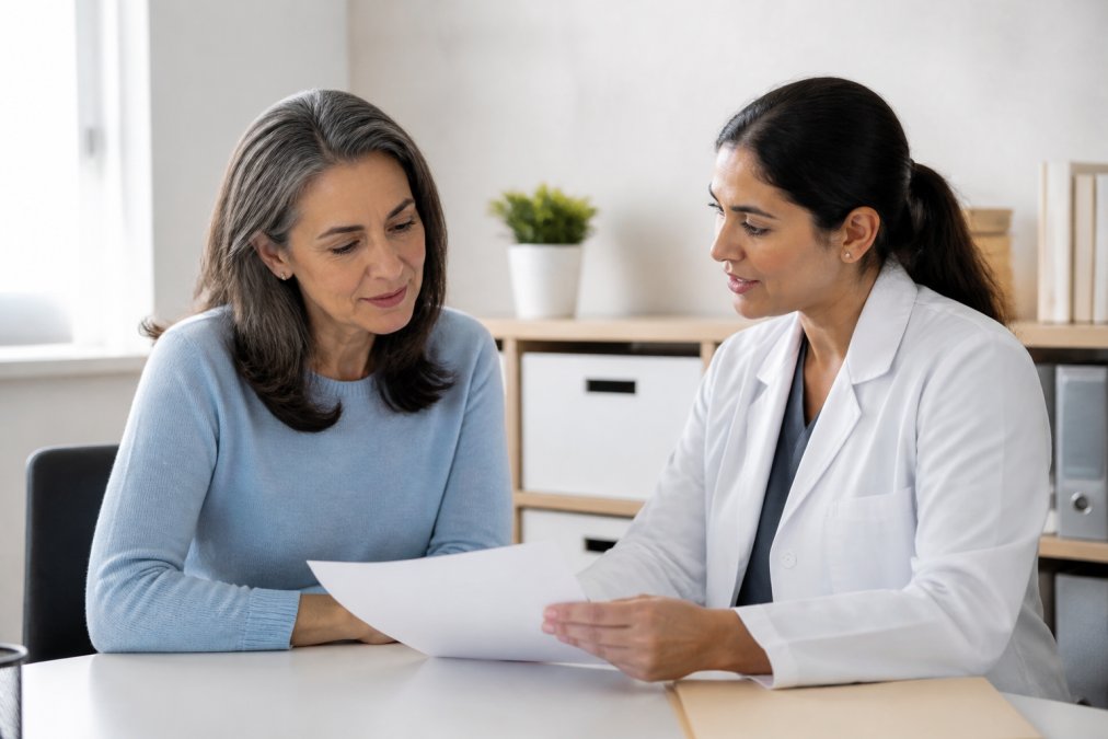 A woman in her early 50s sitting across from a female doctor in a bright, modern clinical office, both reviewing paperwork together in a calm, attentive conversation