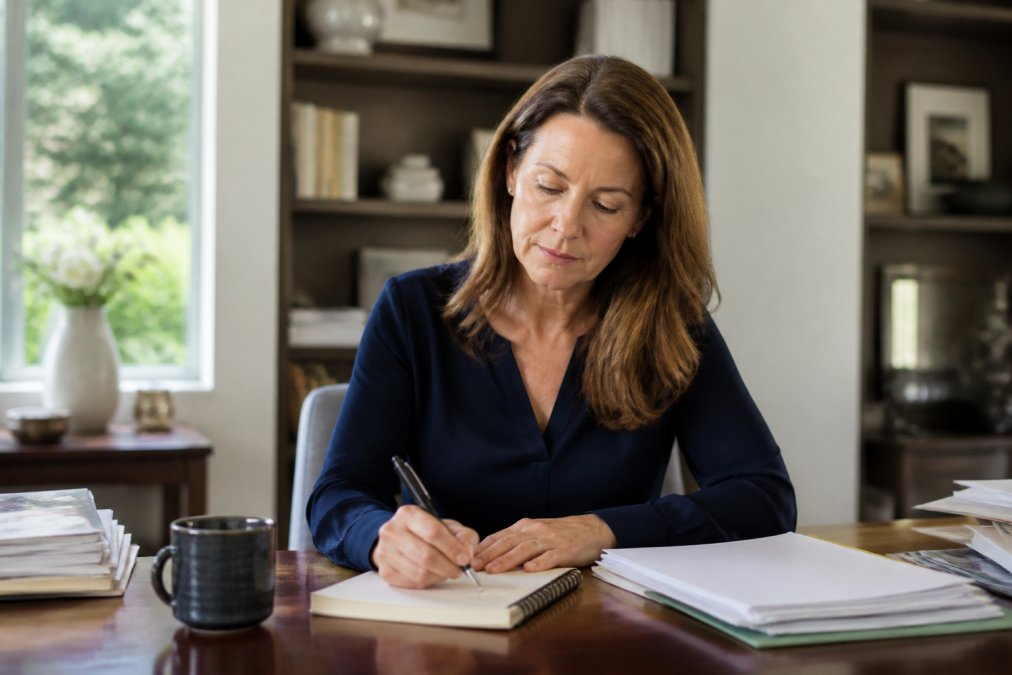 A confident woman in her 50s sitting at a desk with a laptop and a notepad, writing notes in a well-lit home office, looking focused and in control