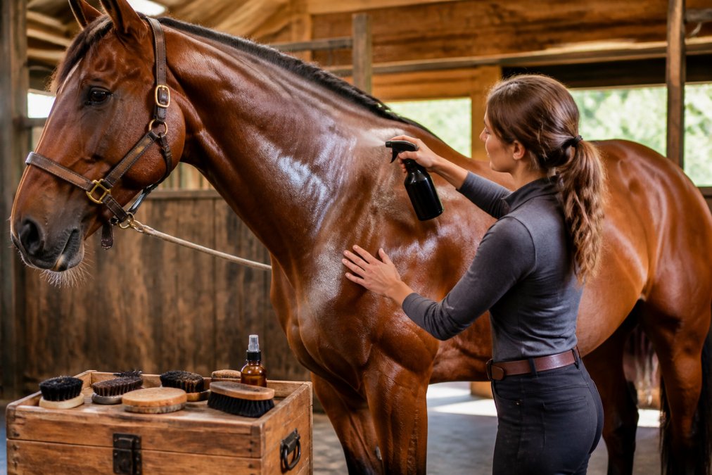 Horse owner applying conditioning product to horse's neck and shoulder during grooming session, with grooming supplies and brushes arranged on a wooden tack trunk nearby, natural barn lighting