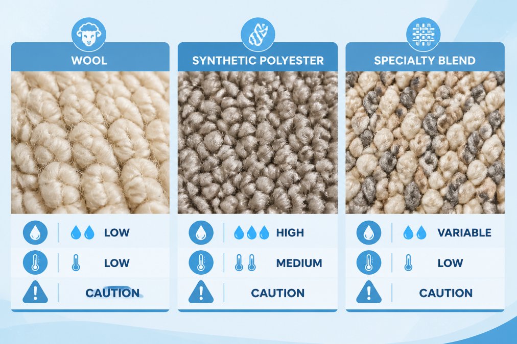 Close-up of different carpet fiber textures showing wool strands, synthetic polyester fibers, and specialty blend materials arranged side by side under natural lighting
