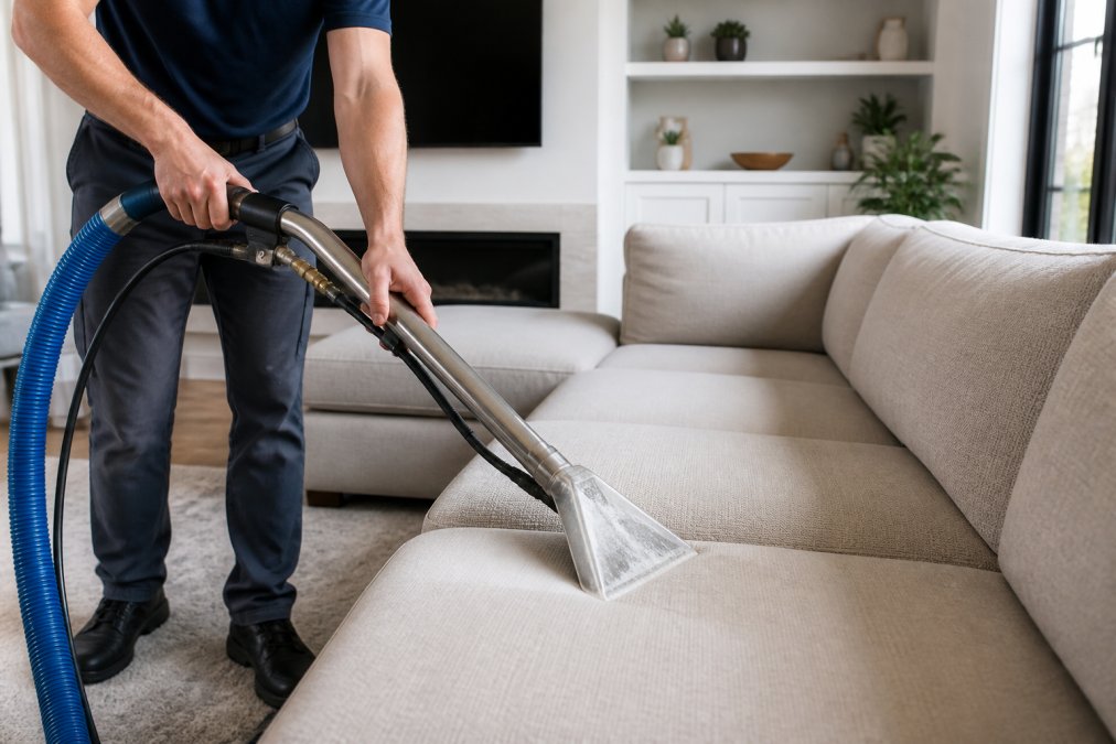A professional cleaner using a hot water extraction wand on a light-colored sofa in a bright living room, with visible water spray and suction