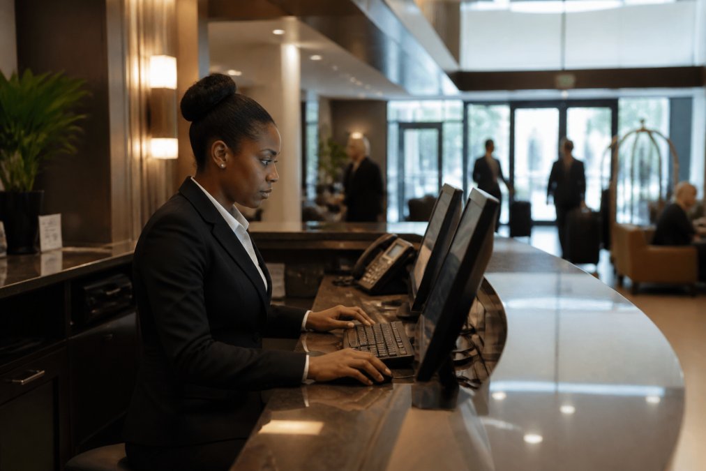 Hotel front desk staff member working intently at a computer terminal with the guest check-in area and lobby visible in the background, showing the interconnected digital systems hotels depend on daily