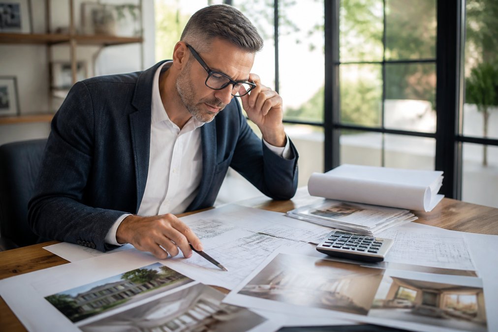 Investor reviewing renovation blueprints and house flipping financing documents at a desk