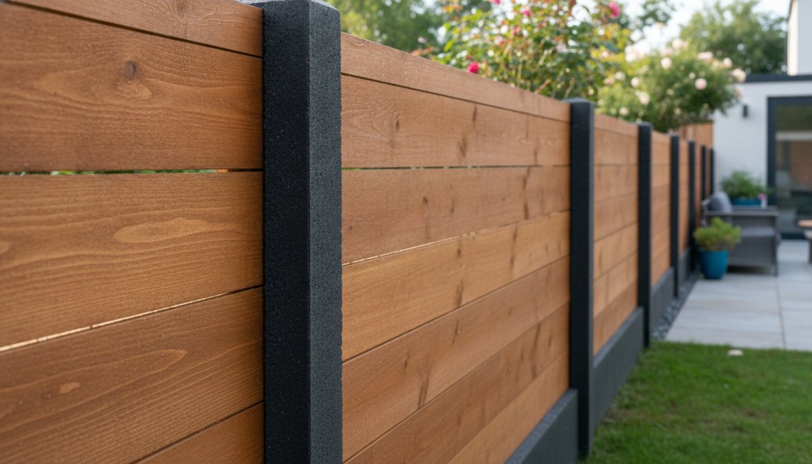 Close-up van Douglas houten planken met zichtbare textuur tegen antraciet betonpaal, zonnig tuinlicht dat de natuurlijke houtkleur benadrukt