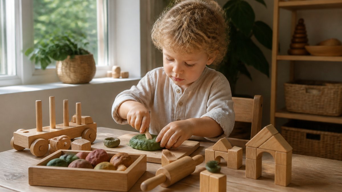 Klein kind speelt met houten speelgoed en natuurlijke speelklei op een houten tafel, zacht natuurlijk licht valt door het raam, focus op de textuur van het hout en de veilige, open einde speelervaring