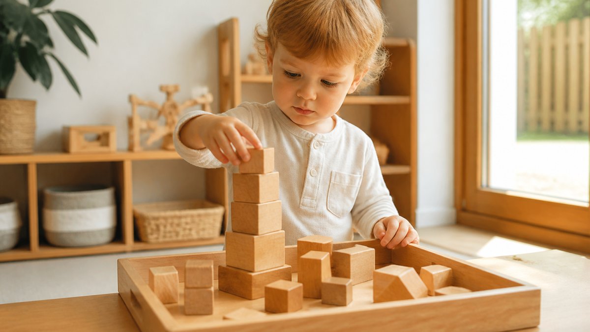 Een peuter die geconcentreerd houten blokken stapelt op een houten speeltray, met natuurlijk licht dat door een raam valt
