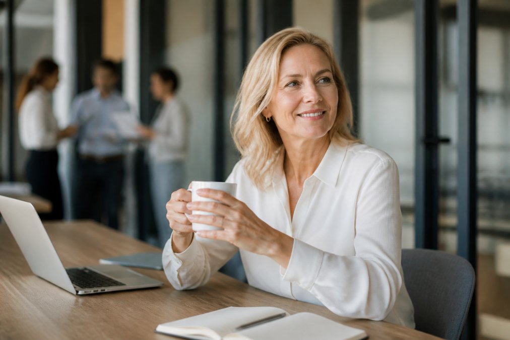 Woman in her late 40s sitting in a bright, naturally lit home environment, smiling and looking relaxed, holding a warm beverage, conveying improved wellbeing and symptom relief