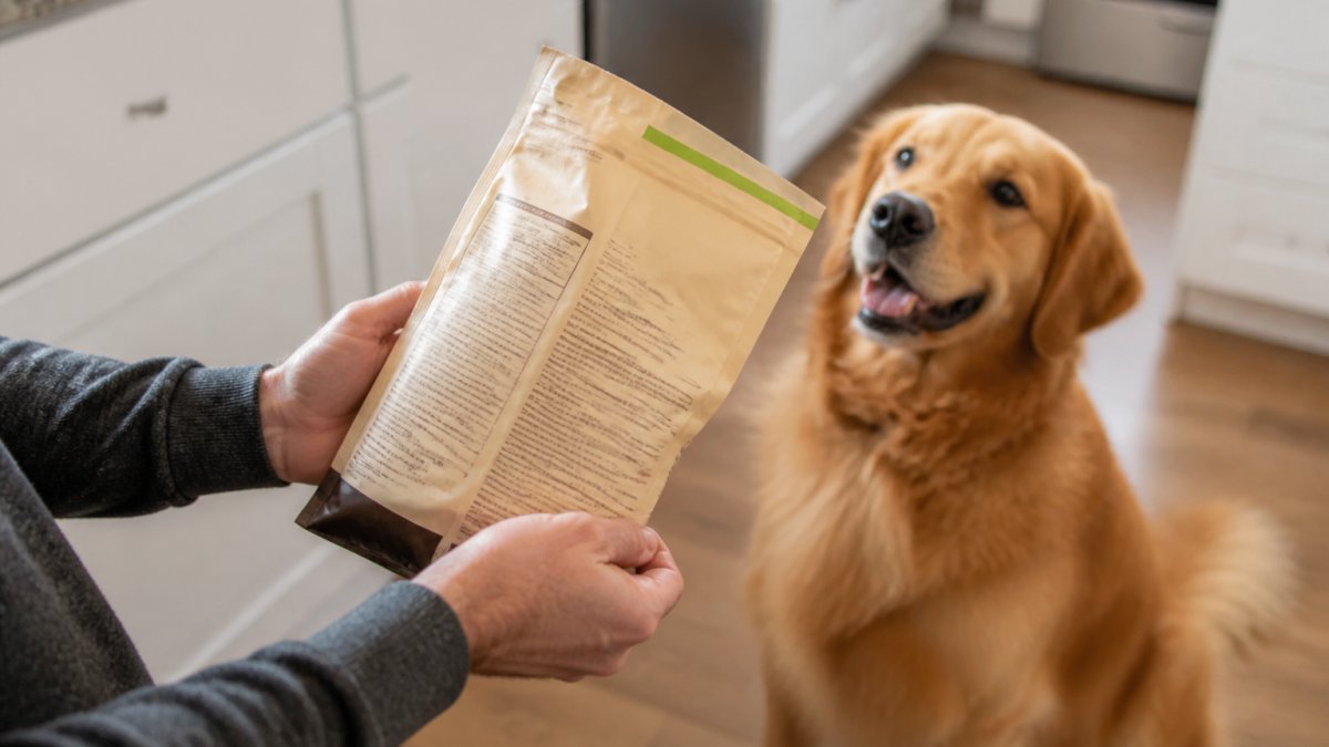 A close-up of a person's hands holding a dog food bag while reading the ingredient panel, with a Golden Retriever sitting patiently nearby in a bright kitchen