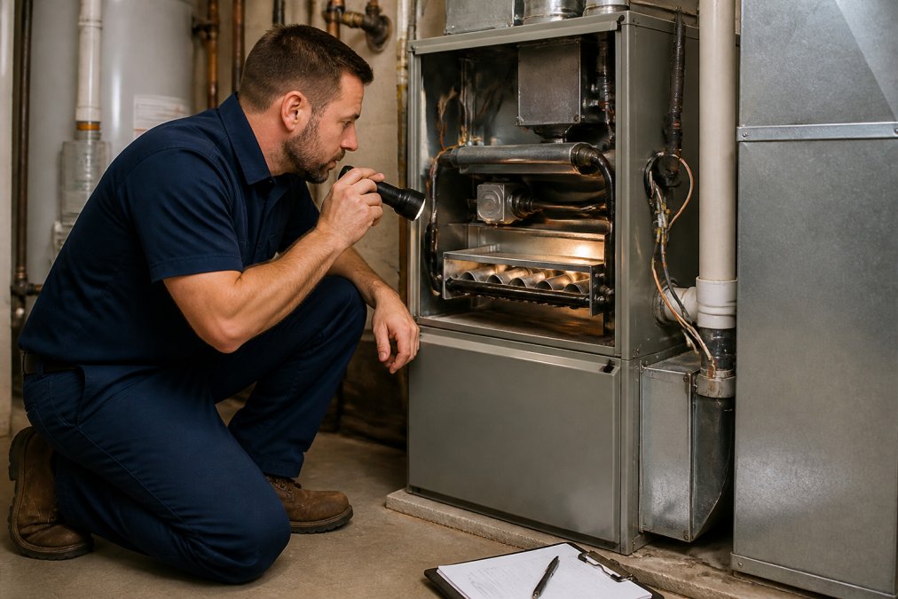 A licensed HVAC technician in a navy uniform kneeling beside an indoor furnace unit in a well-lit residential utility room, holding a flashlight and inspecting the burner assembly while a clipboard rests on the floor nearby