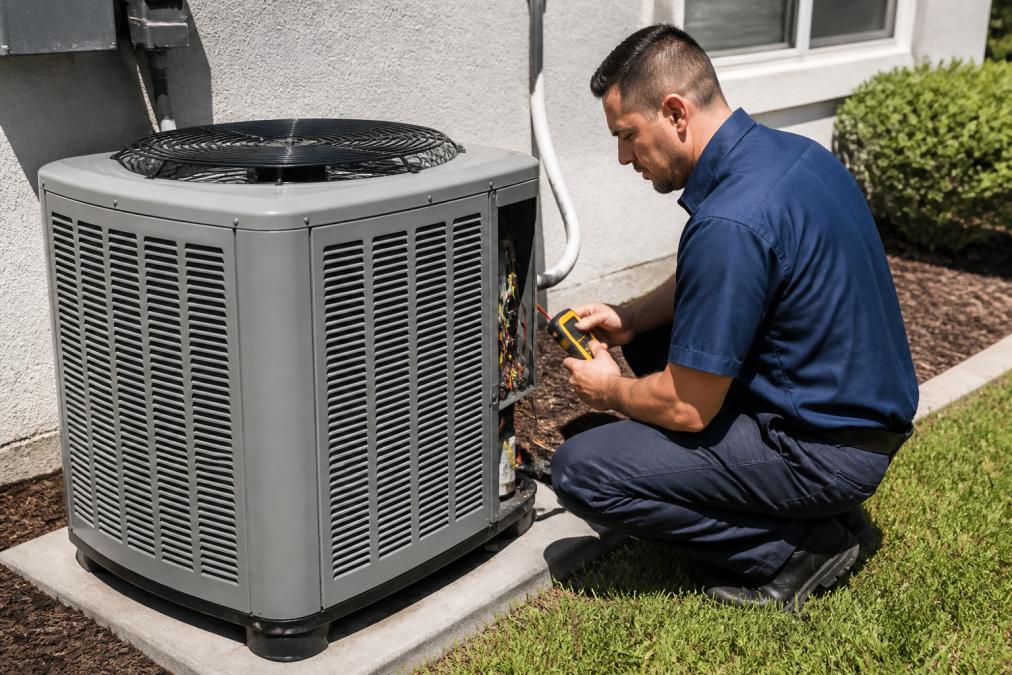 A licensed HVAC technician in a uniform crouching beside an outdoor condenser unit at a residential home, using a digital diagnostic tool, bright afternoon sunlight casting sharp shadows on the equipment