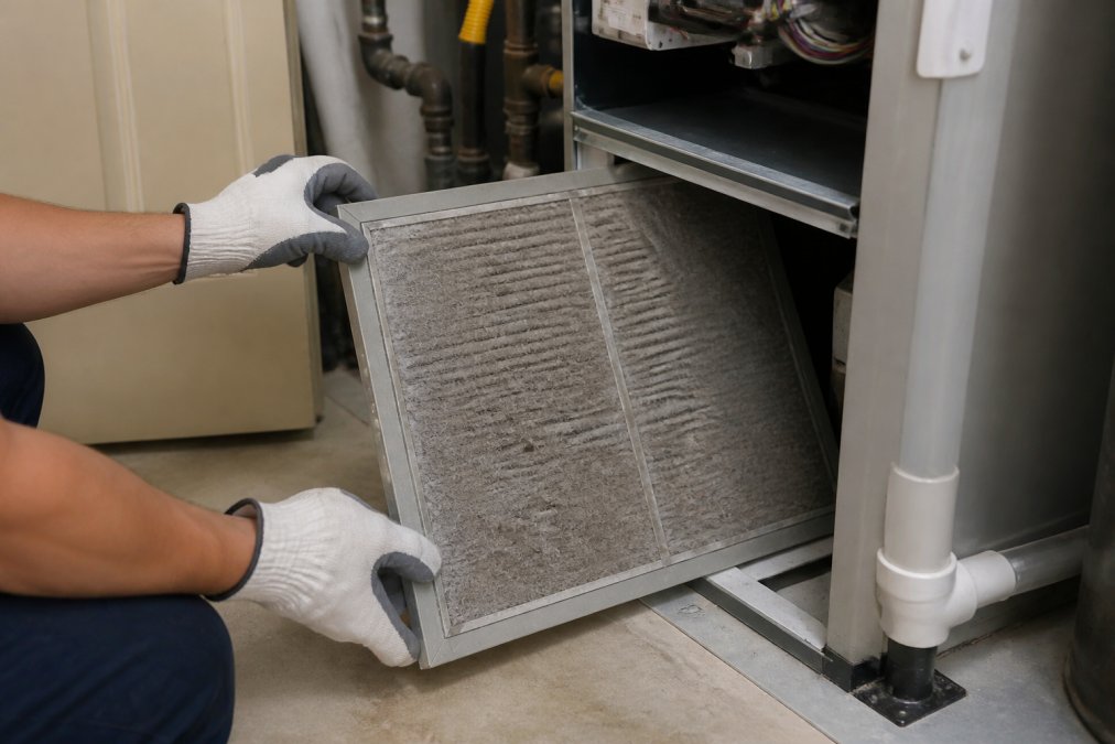Close-up of an HVAC technician's gloved hands pulling a visibly dust-clogged gray air filter from a residential air handler unit, the filter's surface matted with grey debris, utility room background