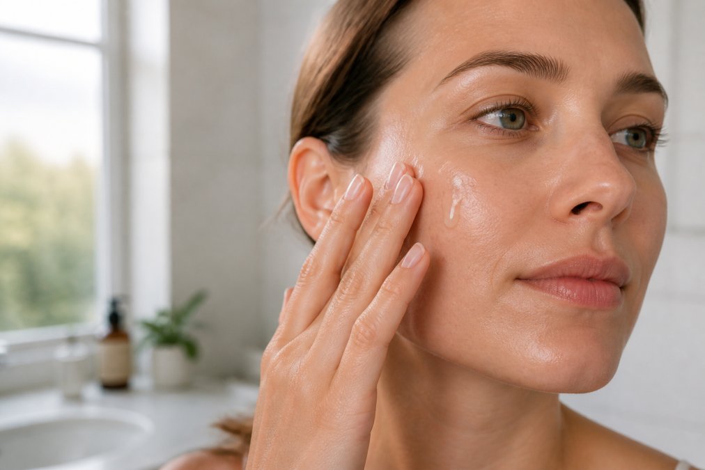 Close-up of hands gently pressing a drop of clear serum onto a damp, glowing cheek in a bright bathroom with soft morning light