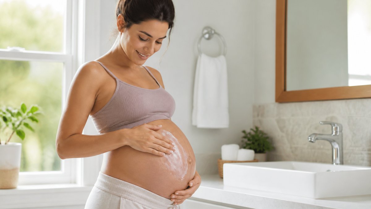 A pregnant woman standing in a bright bathroom, gently smoothing a lightweight cream-serum over her growing belly with one hand, soft natural light from a window, calm and unhurried morning routine