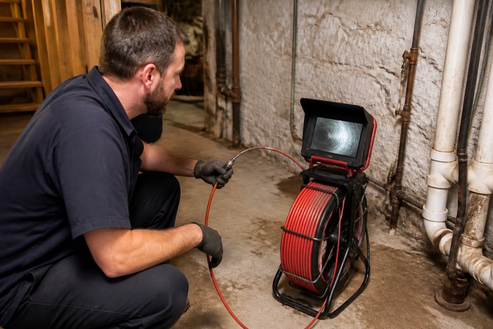 Licensed plumber holding waterproof camera probe equipment, examining pipe inspection monitor showing interior sewer line condition in residential basement setting