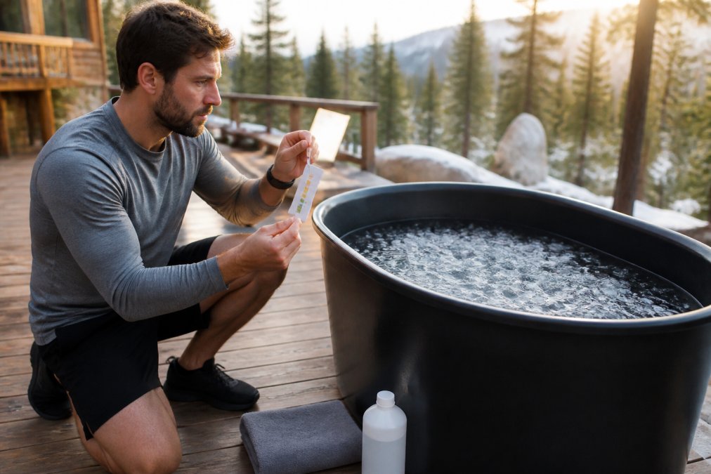 A person in athletic wear kneeling beside a portable cold plunge tub on a wooden deck, holding a test strip up to compare against a colour chart, with a small bottle of hydrogen peroxide and a folded towel nearby in soft morning light