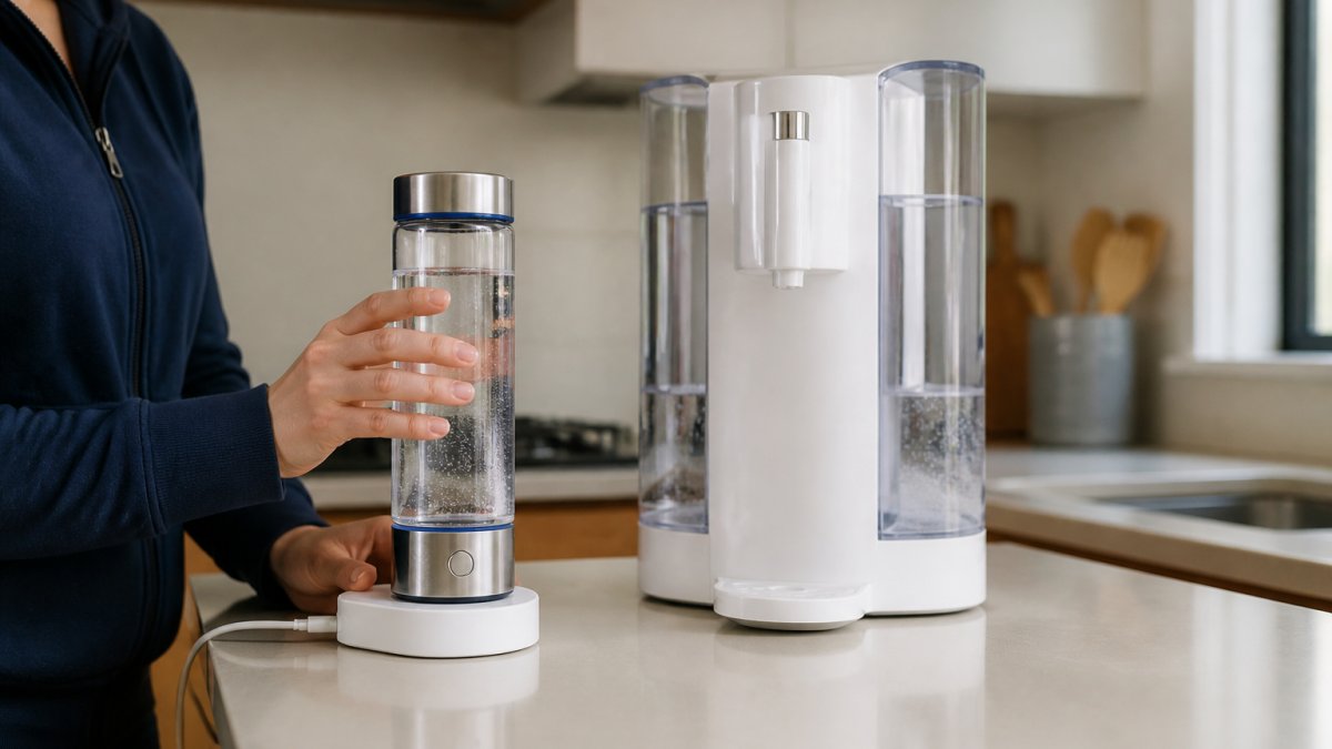 Person holding a portable hydrogen water bottle with wireless charging base beside a countertop hydrogen water system in a modern kitchen, showing the size difference and practical home setup